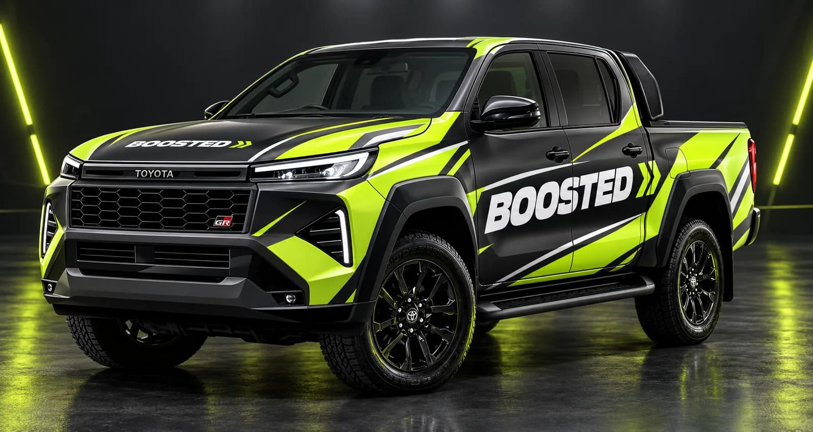 A 2026 Toyota Hilux Double Cab wrapped in black and volt-green Boosted colours